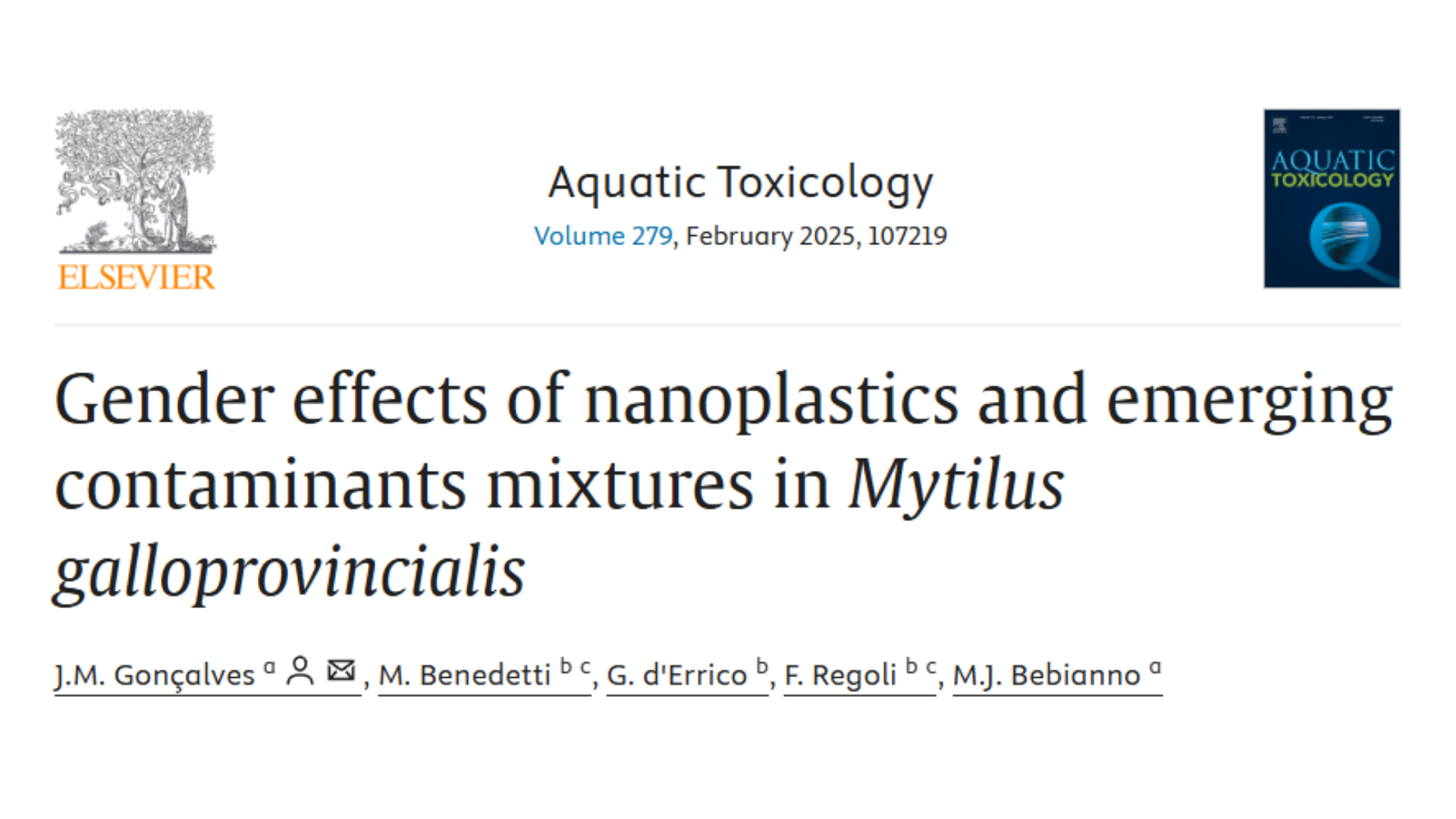 New Publication in the Journal Aquatic Toxicology